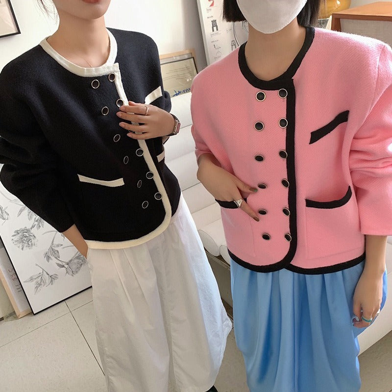 Women Knitwear Autumn and Winter Double Breasted round Neck Sweater Loose Knitted Cardigan
