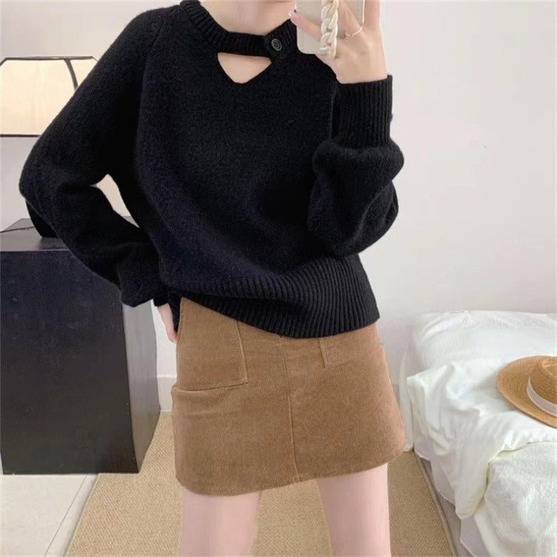 Women Knitwear Autumn Winter Retro Hollow round Neck Sweater Loose Sweater
