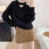 Women Knitwear Autumn Winter Retro Hollow round Neck Sweater Loose Sweater