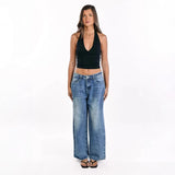Women's vintage washed heart-pocket wide-leg jeans - trendy, loose-fit, hot girl style denim pants for women (cross-border e-commerce)