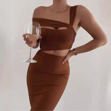 Women Dresses Brown Bandage Dress Mid-Length Evening Party Dress (Ont0408)
