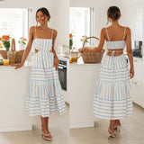 Women Dresses Summer Suspender Stripes Long Dress (Jkw0408)