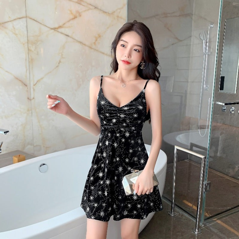 Women Maxi Dress Summer Sexy Pleuche Spaghetti-Strap Dress