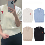 Ami korean style v-neck knitted vest - women's autumn heart jacquard sleeveless sweater vest - versatile outerwear top