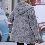 Women Trench Coat Autumn Hooded Long-Sleeved Cardigan Loose Mid-Length Buckle-Free Bubble Velvet Casual Cardigan