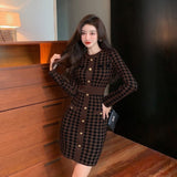 Women Maxi Dress Fall/Winter Single-Breasted Long Sleeve Slim Fit Hip Knitwear Dress