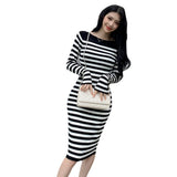 Women Maxi Dress Autumn Striped Long Sleeve Slim Fit Hip Knitwear Dress