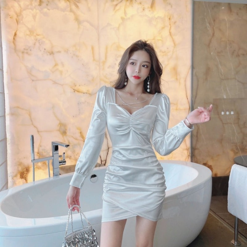 Women Maxi Dress Spring and Autumn Sexy V-neck Puff Sleeve Dress