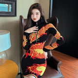 Women Maxi Dress Autumn and Winter Zipper Long Sleeve Turtleneck Sweaters Striped Dress