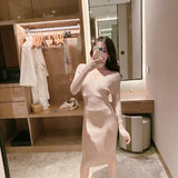 Women Maxi Dress Spring and Autumn Sexy Long Sleeve V-neck Dress Knitted Sheath Dress