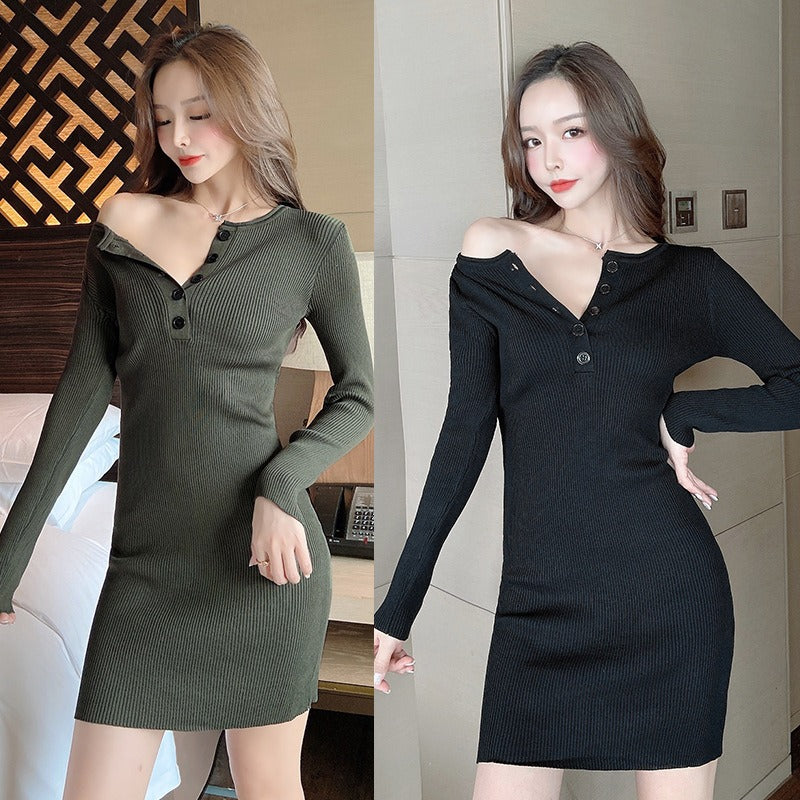 Women Maxi Dress Spring and Autumn Long Sleeve Slim Fit Hip Knitwear Dress