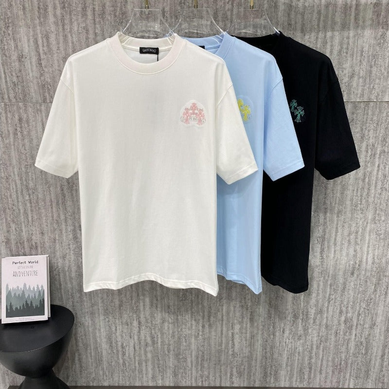 Ch hip-hop t-shirts: american streetwear ch cropped sleeve tee with sanskrit print, cross embroidery, relaxed fit, pure cotton, high street style, versatile