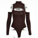 Women Jumpsuit Hollow out Autumn and Winter Turtleneck Long Sleeve Backless off-Shoulder Top