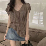 Women Knitwear Summer Hollow out V-neck Sleeveless Knitwear