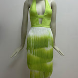 Women Evening Dress Bandage Fluorescent Green Dress Tassel Hip Skirt
