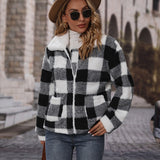 Women Trench Coat Lapel Long Sleeve Loose Zip Plaid Double-Sided Velvet Casual Jacket