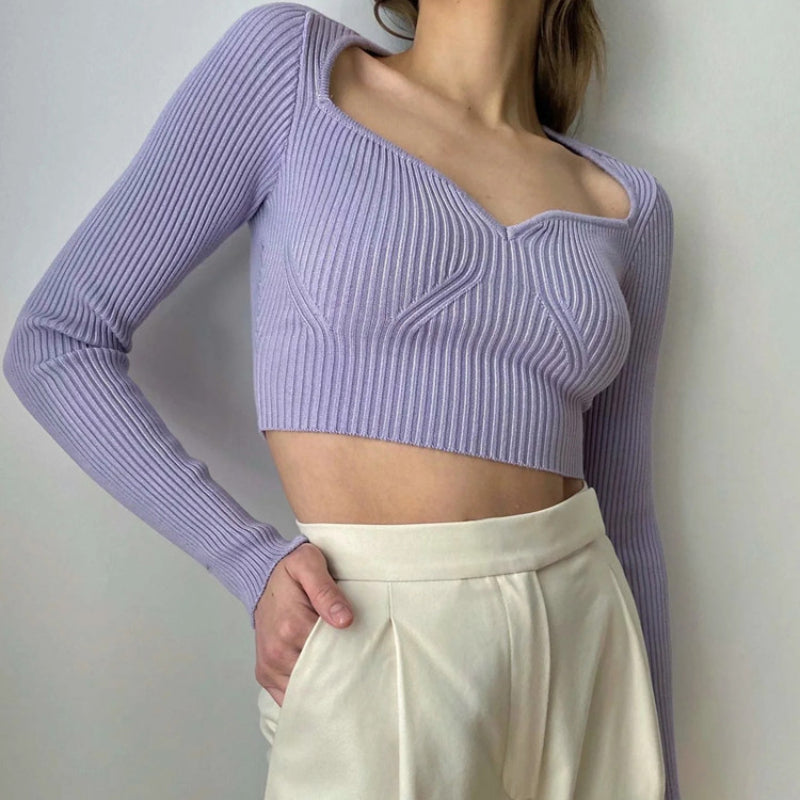 Women Sweater Knitwear Vintage Low-Neck Sweater Spring and Autumn Long Sleeve Short Top