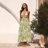 Women Dresses Summer V-neck Backless Lace-up Long Dress (Jkw0408)