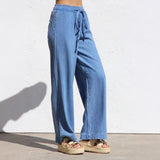 Women's tencel denim pants - spring/summer lightweight, european & american high-waisted, slimming, straight-leg, wide-leg, ice silk drape, casual pants