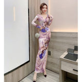 Women Maxi Dress Autumn Winter Sexy Printed Slim Fit Long Sleeve Narrow Dress