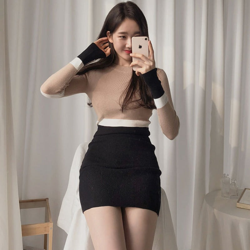 Women Maxi Dress Mid-Length Autumn and Winter Hip Knitwear round Neck Dress