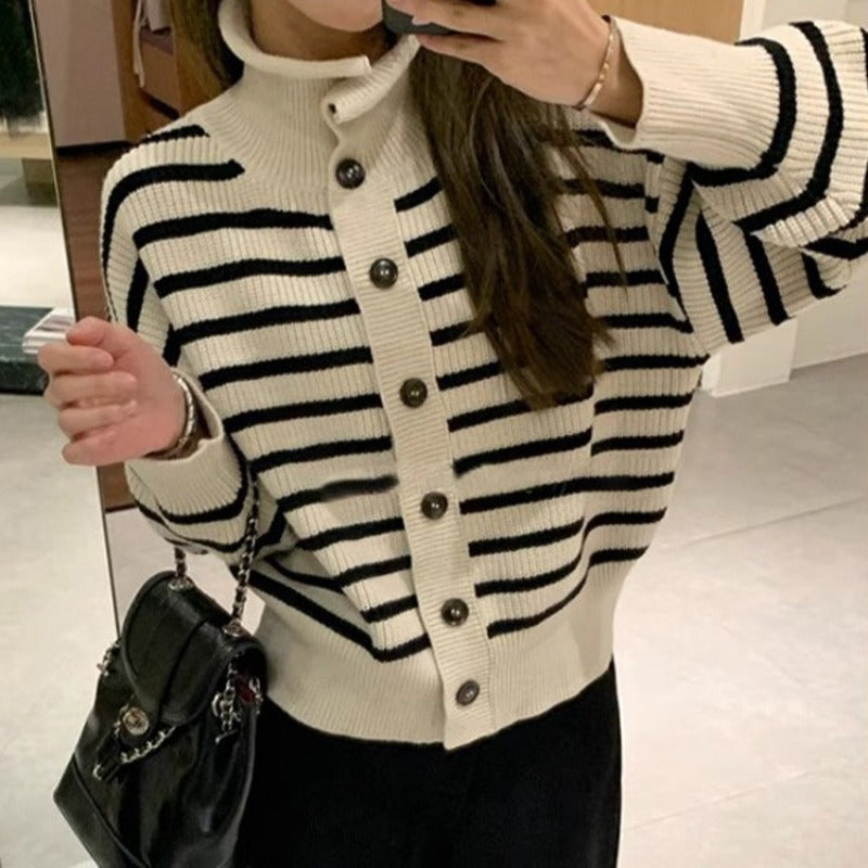 Women Knitted Cardigan Turtleneck Coat Autumn and Winter Striped Knitted Sweater