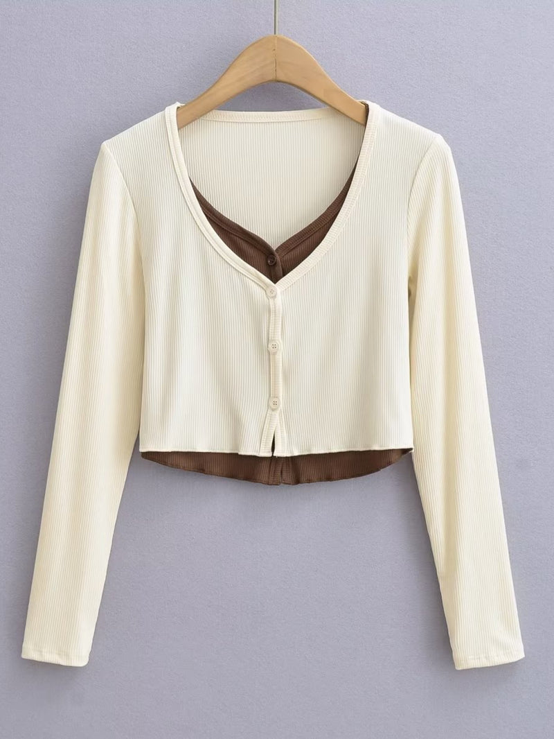 Women Sweater Knitwear V-neck Cardigan Knitted Long Sleeve Short T-shirt