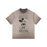 Washed distressed horror mickey saintmichaelmedm retro american t-shirt looseheavy weight round neck