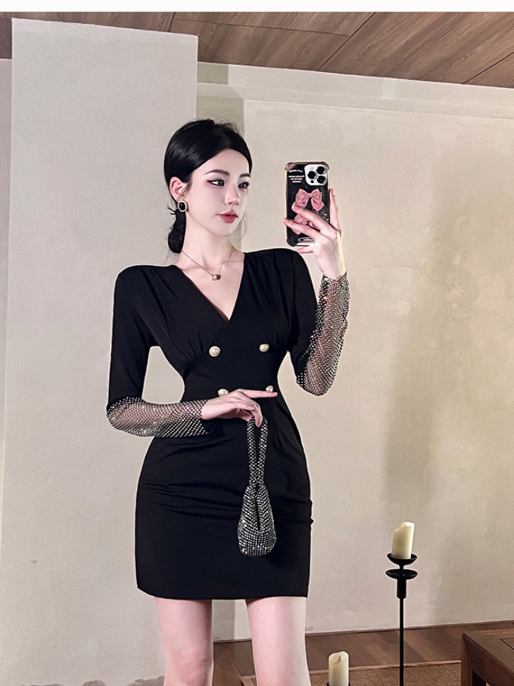 Women Maxi Dress Autumn and Winter V-neck Double Row Button Gown Dress