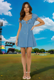 Coachella Dress Spring Summer Hollow Lace-Up Bubble Sleeve Women's Denim Dress