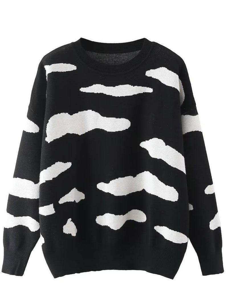 Women Sweater Knitwear Loose Sweater Women's Autumn Cloud Printed Long-Sleeved Sweater Top