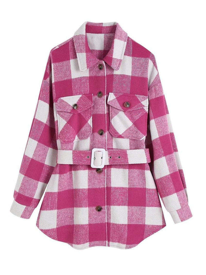 Women Woolen Coat Autumn and Winter Single-Breasted Loose Long Sleeve Plaid Wool Coat