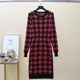 Women Maxi Dress Autumn and Winter Long Sleeve round Neck Houndstooth Knitted Sheath Dress
