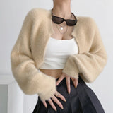 Women Sweater Knitwear Sexy Short Navel Knitted Top High Waist Loose Plush Cardigan Coat