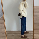 Women Knitted Pullover Red Sweater Turtleneck Coat Loose Sweater