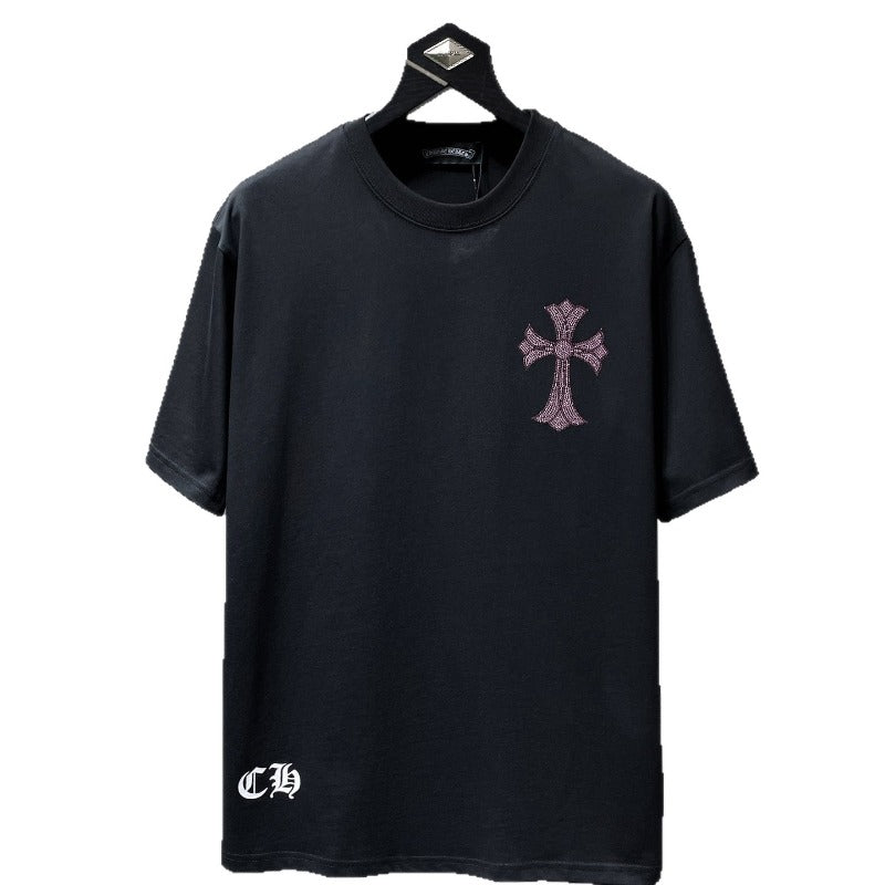 Ch hip-hop t shirts summerch crow heavy industry hot diamond horseshoe sanskrit letter cross short sleeve loosecasualpure cotton american style