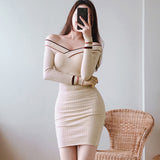Women Maxi Dress Spring, Autumn and Winter V-neck Striped Knitted Slim Fit Sweater Dress