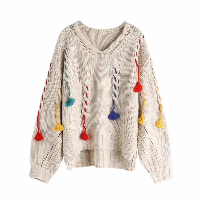 Women Sweater Knitwear Spring/Autumn V-neck Loose-Fitting Tassel Pullover Knitted Sweater