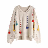 Women Sweater Knitwear Spring/Autumn V-neck Loose-Fitting Tassel Pullover Knitted Sweater