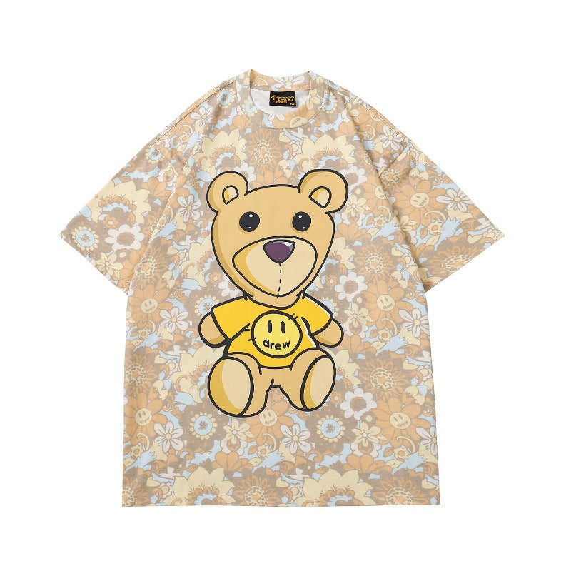 Drew house tshirt r d@ew cartoon floral bear graphic crew neck pullover short sleeve