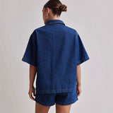 Women's pants: summer amazon cross-border european and american style casual retro loose shirt & denim shorts set - denim women's