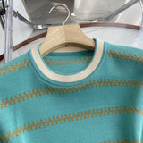 Women Sweater Knitwear Striped Loose Short Sleeve Knitted T-shirt Female Student O-neck Short Top