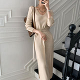 Women Maxi Dress Autumn V-neck Slim Fit Slit Knitted Dress