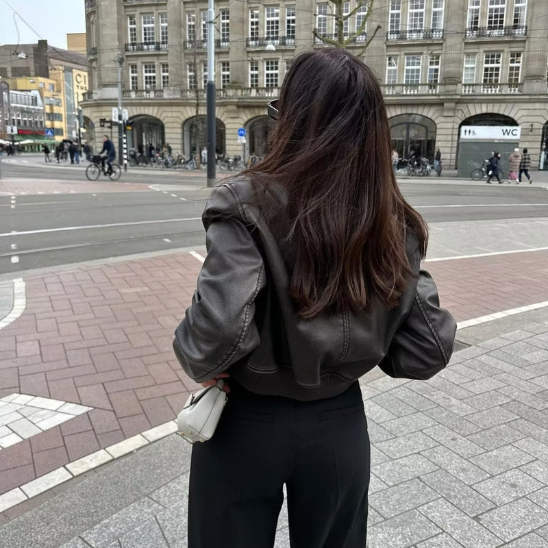 Women Leather Jacket Autumn Leisure Imitation Leather Flight Jacket PU Leather Coat