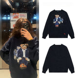 Cartoon bear embroidered rolled-neck sweater, crew neck top, knitted wool sweater, couple's autumn/winter pure cotton heavy-duty knitwear