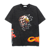 Hip-hop t-shirts: american high street hip-hop flame skull print short sleeve vintage distressed loose fit tee