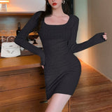 Women Maxi Dress Spring and Autumn Square Collar Knitted Dress Hip Skirt