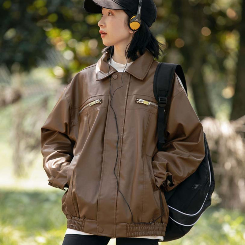 Unisex Shirts Fall Multi-Pocket Leather Coat