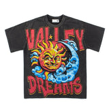 Hip-hop t-shirts: american-style washed and distressed, effortlessly cool, versatile short-sleeve tee with trendy high-street sun and moon print