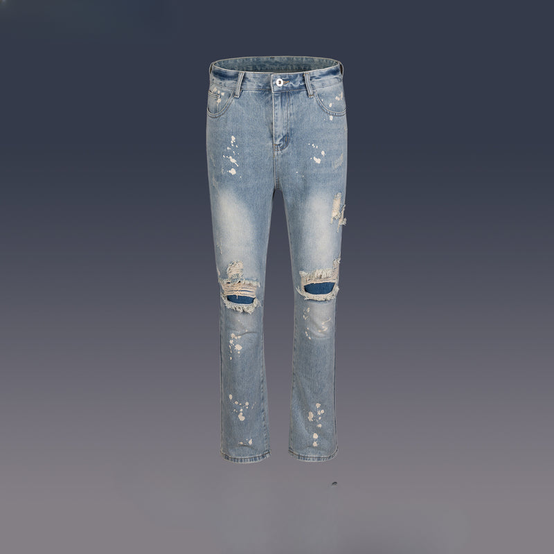 MIJKO Men Vintage Pants MIJKO Straight Ripped Pants Washed Jeans